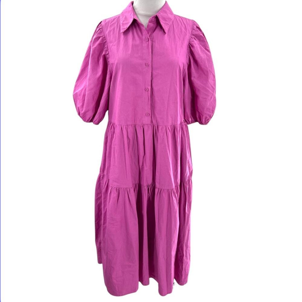 Anthropologie Amadi Puff Sleeve midi tiered Dress purple Sz M - Picture 2 of 7